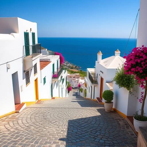 Calles empedradas y casas blancas en Frigiliana, M&aacute;laga, con el mar Mediterr&aacute;neo al fondo.