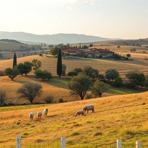 Paisaje rural de un pueblo en Extremadura con campos de encinas y ovejas pastando.