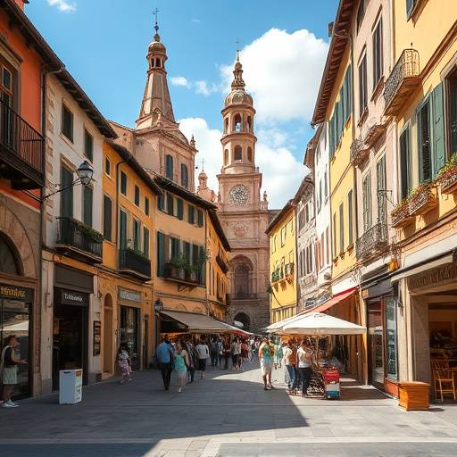 Plaza mayor de un pueblo castellano con soportales y un ambiente animado durante un d&iacute;a soleado.